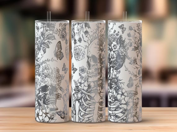 Skull Flowers 20oz Tumbler Laser Svg, Romantic Lover Skull 20oz Skinny Tumbler Full Wrap Laser Svg, Laser Engraved Svg, Tumbler Laser File