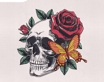 4 Size Skull Rose Embroidery Design, Skull Flower Embroidery Design, Embroidery Machines File