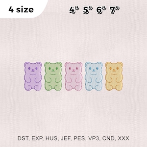 May include: An embroidered design featuring five colourful gummy bear shapes in purple, green, pink, blue, and yellow. The design includes the text "4 size" and measurements of 10cm, 13cm, 15cm, and 18cm. The bottom of the image lists various file formats.