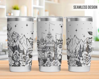 Vaso de 40 oz con grabado láser, Castillo de cuento de hadas, Vaso de jardín de rosas con castillo, SVG grabado láser, SVG grabado láser de 40 oz, SVG grabado láser