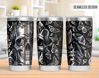 Gobelet 20 oz pour gravure laser, tête de mort et papillons, Svg laser tête de mort, papillon gravé au laser, Svg de gravure laser