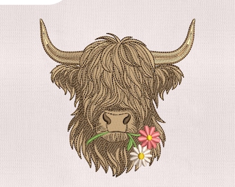 4 Size Highland Cow Embroidery Design, Highland Cow Flower Embroidery Design, Cow Embroidery Design, Embroidery Machines File