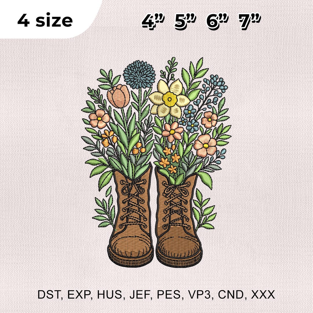 4 Size Hiking Boots Embroidery Design, Floral Boots Embroidery Design ...