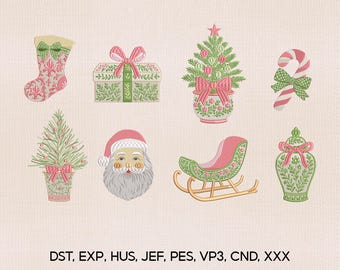 8 Grandmillennial Christmas Icons Bundle Embroidery Design, Christmas Embroidery Design, Xmas Embroidery Design, Embroidery Machines File