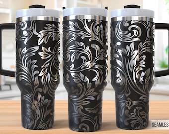 Couro trabalhado 40oz Tumbler Laser Envoltório de gravação, Western Tooled Leather Tumbler Laser svg, 40oz Laser Engraved Svg, Laser Engraving Svg