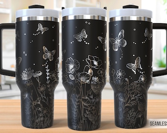 Butterflies & Flower Garden 40oz Tumbler Laser Engraving Wrap, Butterfly Tumbler Laser svg, 40oz Laser Engraved Svg, Laser Engraving Svg