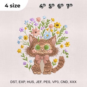 4 Größe Blumen Katze Stickmuster, Süße Katze Stickdatei, Wildblumen Katze Stickmuster, Stickdatei