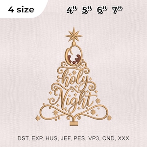 May include: A gold-colored Christmas tree design with the words "holy Night" in cursive script. The design includes a star at the top and a nativity scene. The image also shows the sizes 4", 5", 6", and 7".