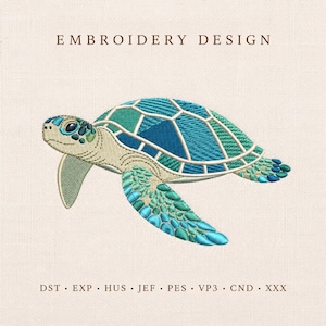 May include: An embroidery design featuring a sea turtle with a shell in shades of blue and teal, and a light beige body. The text EMBROIDERY DESIGN appears at the top, and the file formats DST, EXP, HUS, JEF, PES, VP3, CND, and XXX are listed below.