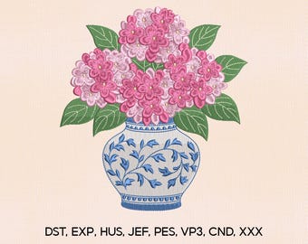 5 Size Pink Hydrangea Chinoiserie Vase Embroidery Design, Hydrangea Embroidery Design, Flower Embroidery Pes File, Embroidery Machines File