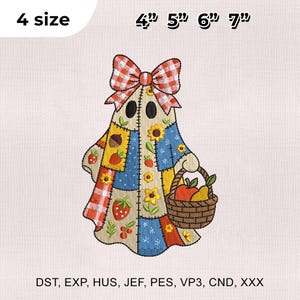 May include: A patchwork ghost design with a red and white checkered bow, holding a basket of fruit. The design includes sunflowers, strawberries, and other decorative elements. Sizes available: 4", 5", 6", and 7".