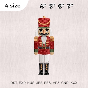 May include: Embroidered nutcracker design in red, gold, and white. The design includes a tall hat, a black mustache, and a detailed uniform. Available in 4 sizes: 4", 5", 6", and 7".
