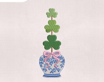 Motif de broderie topiaire noeud trèfle 4 tailles, motif de broderie pot d'arbre chinoiseries, fichier Pes de broderie de fleurs, fichier Machines à broder