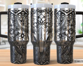 Boho Kuhschädel 40 Unzen Tumbler Laser Gravur Wrap, Stierschädel Tumbler Laser svg, 40 Unzen Western Laser graviert svg, Laser-Gravur-Svg
