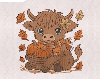 Motif de broderie vache Highland automne 4 tailles, motif de broderie bébé vache, motif de broderie vache automne, fichier Machines à broder