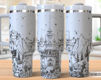 Vaso de 40 oz con grabado láser de "Castillo de cuento de hadas", vaso de jardín de rosas con castillo, SVG de 40 oz con grabado láser, SVG de grabado láser