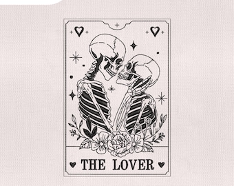 May include: Black and white embroidered design featuring two skeletons embracing, with the text "THE LOVER" at the bottom. The design is available in 4 sizes: 4", 5", 6", and 7".