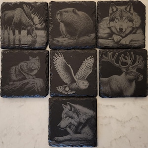 Könnte beinhalten: Satz mit sechs schwarzen Schieferuntersetzern mit gravierten Bildern verschiedener Tiere, darunter ein Elch, ein Biber, ein Wolf, eine Eule, ein Luchs und ein Elch.
