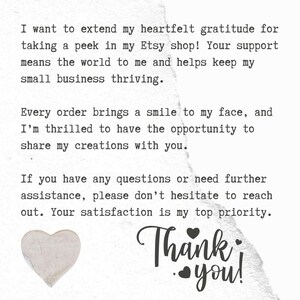 May include: A handwritten thank you note with a heart shape and the text "Thank you!"  The note expresses gratitude for supporting a small business and encourages customers to shop in the Etsy store.