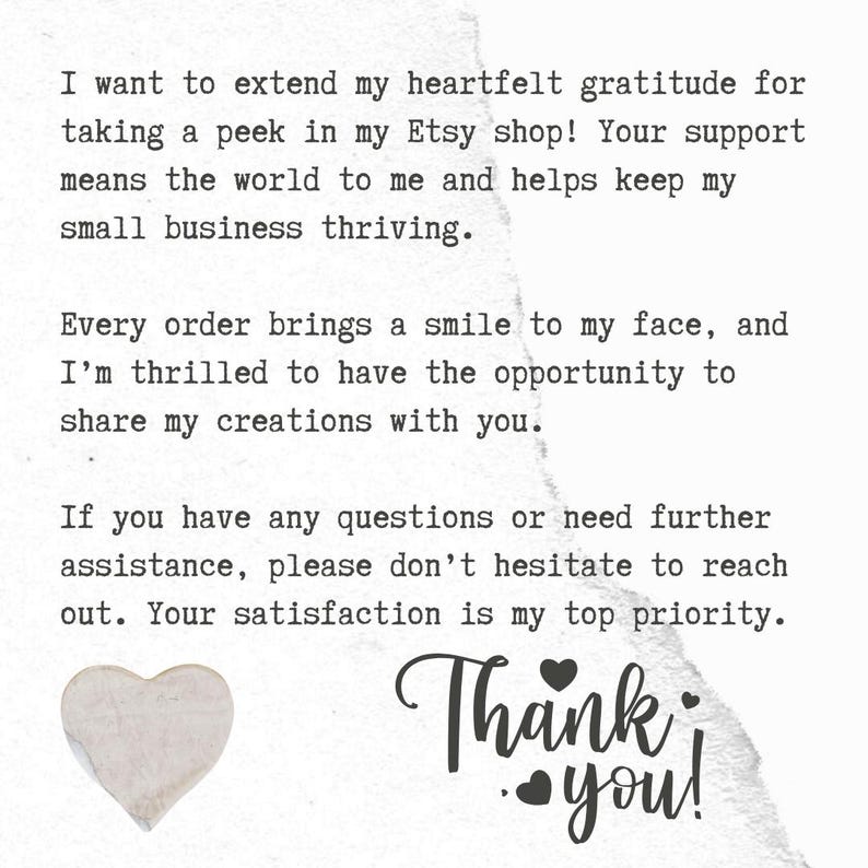 May include: A handwritten thank you note with a heart shape and the text "Thank you!"  The note expresses gratitude for supporting a small business and encourages customers to shop in the Etsy store.