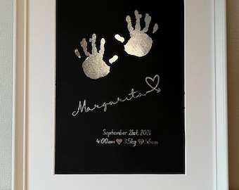A4-folie gepersonaliseerde babyhandafdruk met aangepaste tekst, echte foliebaby handafdrukkunst, cadeau voor mama papa, babyaandenken, babyshowercadeau