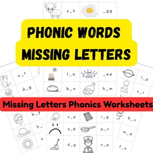 Puede incluir: Hoja de trabajo educativa con el texto "PHONIC WORDS MISSING LETTERS". La hoja de trabajo presenta ilustraciones en blanco y negro de varios objetos y animales, con letras faltantes para completar. El título "Missing Letters Phonics Worksheets" también está presente.