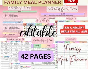 May include: A digital printable family meal planner with 42 pages. The planner includes a monthly list of snack and breakfast ideas, a comprehensive grocery list, and a monthly meal plan with sections for breakfast, snacks, lunch, and dinner. The planner is editable and features a pink, green, and blue color scheme. The text "EASY, HEALTHY MEALS FOR ALL AGES" is featured on the planner.