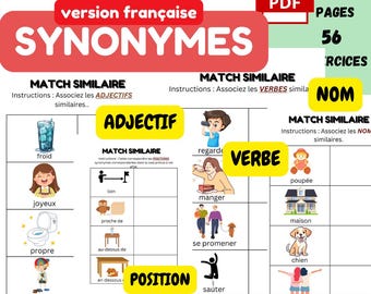 Hojas de trabajo de sinónimos en francés, práctica de vocabulario (descarga digital)