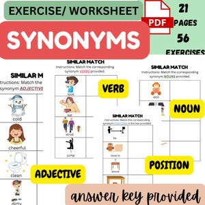 56 Fun Synonym Worksheets Improve Vocabulary with Verbs, Nouns, Adjectives & Preposition Practice |  Boost Vocabulary | Printable Activities