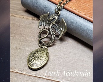 Dark Academia necklace, oval photo locket pendant with dragon, College student gift