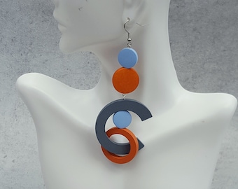 Gipsy earring, Oversize earrings, extra long earrings, bold earrings, statement wood hoop earrings,  grey blue orange