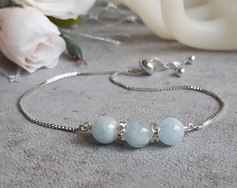 March Birthstone Aquamarine Bracelet for Women Adjustable Slide Bolo Bracelet Silver Chain Gold Blue Natural Gemstone Jewelry Birthday Gift