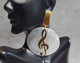 Treble clef earrings, music teacher gift, seashell earrings, Gipsy oversize earrings, extra long earrings, bold earrings
