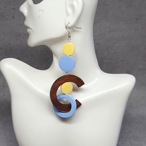 Big statement earrings, extra long earrings, bold earrings, oversize earrings, geometric earrings, gipsy earrings Brown-blue-yellow