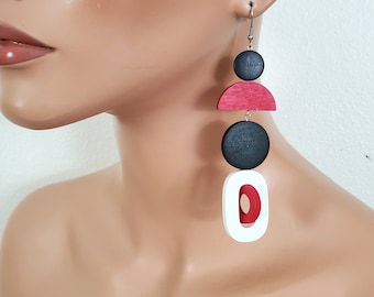 Red black white oversize earrings, big bold extra long earrings, statement wood hoop earrings,  geometric gypsy earring