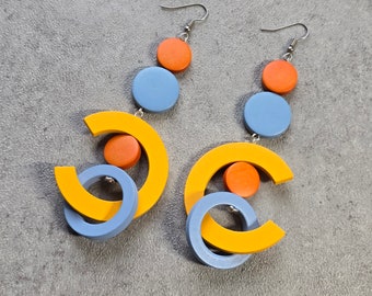 Yellow oversized earrings, orange, yellow blue extra long bold earrings, statement wood hoop earrings, gypsy earrings,