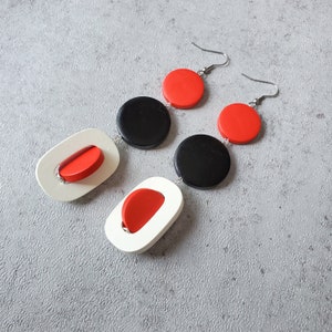 Red black white extra long earrings, Bold earrings, statement wood hoop earrings, oversize earrings, geometric earrings, gypsy earring image 5