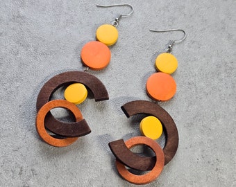 Burnt Sienna oversize earrings, extra long bold earrings, statement wood hoop earrings, gypsy earring, orange yellow earrings