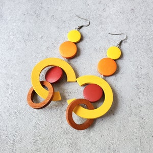 Burnt Sienna oversize earrings, extra long bold earrings, statement wood hoop earrings, gypsy earring, orange yellow earrings Yellow orange