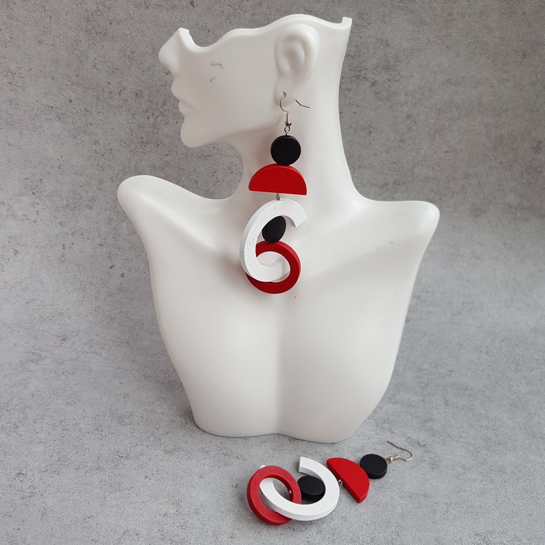 Red black white extra long earrings, Bold earrings, statement wood hoop earrings, oversize earrings, geometric earrings, gypsy earring image 2