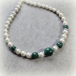 Malachite necklace, white pearl contemporary choker, gemstone necklace image 6