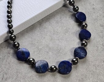 Statement royal blue Lapis Lazuli Necklace, Dark blue gemstone pearl Beaded choker Handmade Jewelry with Lapis Lazuli Stones, Birthday Gifts