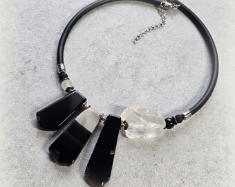 Raw quartz  Black agate necklace, contemporary choker, gemstone bib necklace, raw stone necklace