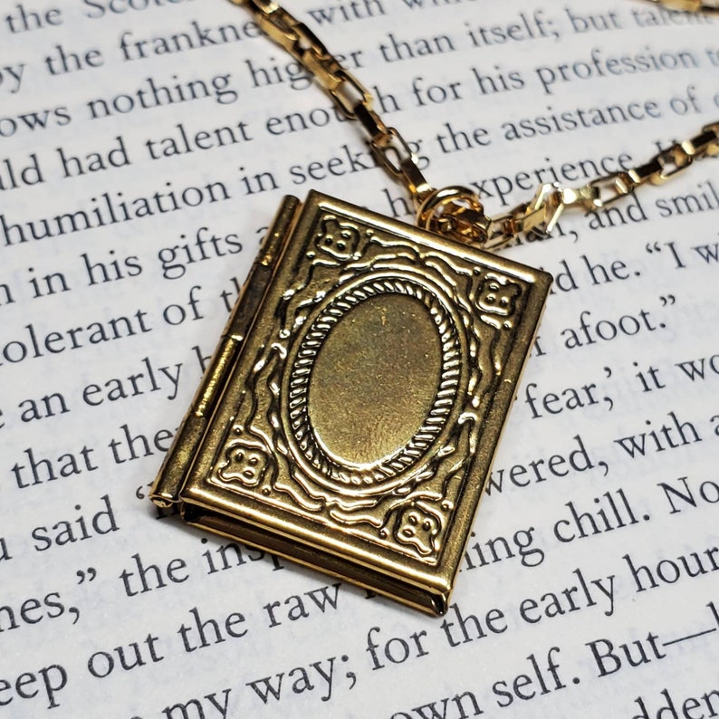 Dark Academia book necklace 2 picture photo locket pendant College student gift Gold