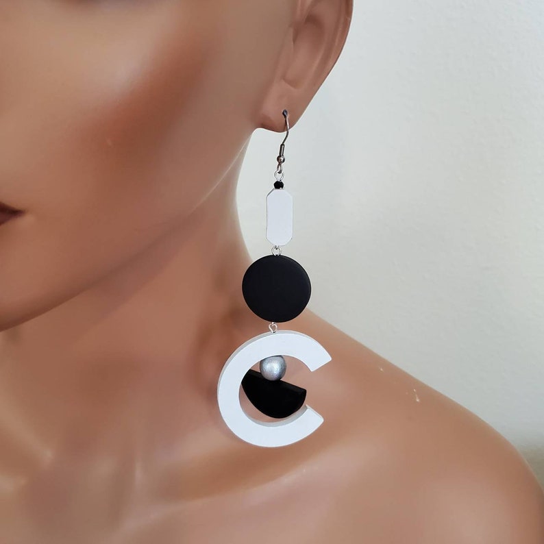 Wood hoop earrings, Bold earrings, black white extra long earrings, oversize statement earrings, half hoop gipsy earring image 2