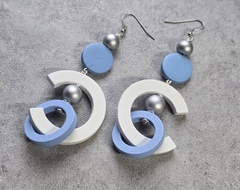 White blue  silver Oversize earrings, extra long earrings, bold earrings, statement wood hoop earrings, gypsy earring