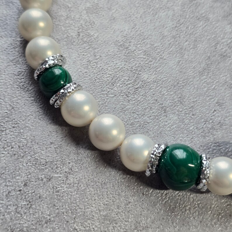 Malachite necklace, white pearl contemporary choker, gemstone necklace image 4