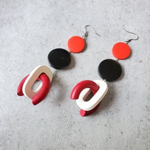 Red black white extra long earrings, Bold earrings, statement wood hoop earrings, oversize earrings, geometric earrings, gypsy earring 2 red C shape