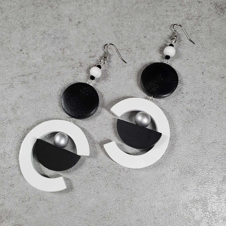 Wood hoop earrings, Bold earrings, black white extra long earrings, oversize statement earrings, half hoop gipsy earring image 1