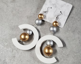White, gold, and silver Oversize earrings, extra long earrings, bold earrings, statement wood hoop earrings, gipsy earring